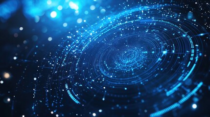 Obraz premium Close-up view of blue holographic interface with celestial data and a bokeh background