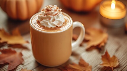 A cozy winter caf&eacute; featuring a pumpkin spice latte topped with whipped cream and cinnamon, autumn leaves scattered around, soft warm lighting from candles,