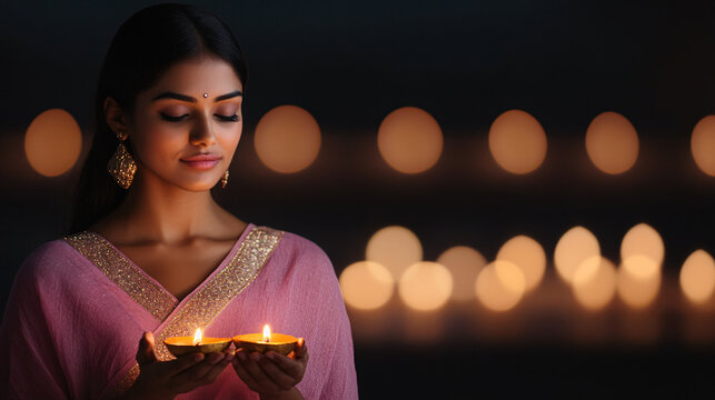 A serene woman holding traditional lamps, celebrating a festival with glowing candles in a dark backdrop, exuding peace and joy.