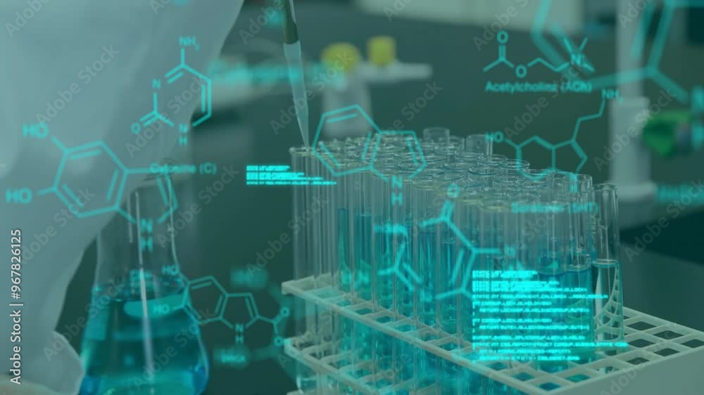 Poster animation of data processing and chemical formula over caucasian scientist doing experiment in lab