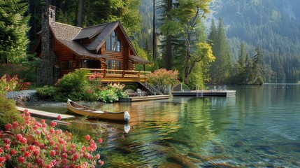 A rustic cabin sits on the shore of a serene lake, surrounded by lush greenery and a wooden dock.