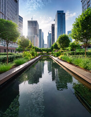 The greenery showcases a sustainable urban design with rain gardens and permeable surfaces strategically placed for managing stormwater runoff
