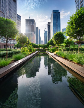 The greenery showcases a sustainable urban design with rain gardens and permeable surfaces strategically placed for managing stormwater runoff

