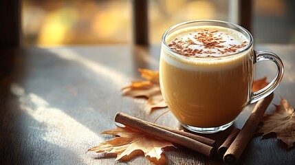 A fall-inspired café with a pumpkin chai latte, cinnamon sticks, and autumn leaves placed on the table, warm sunlight streaming through the window,