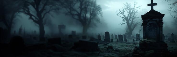 Cemetery Gate Ghostly Figure Spooky Graveyard Vulture Man Zoom In. Creepy ghost vulture figure standing on a haunted cemetery Entrance at night under full moon.