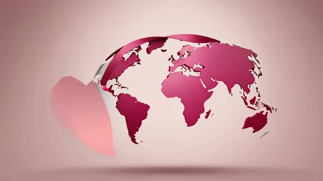 Pink world map with a heart shape, symbolizing global love, unity and connection
