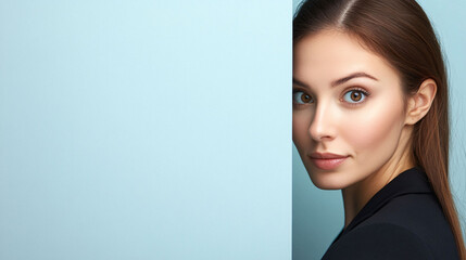 Close-up portrait of a young woman with clear skin and long hair, against a minimalist blue background, conveying elegance and simplicity.