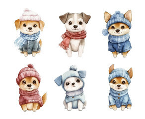 Obraz premium Cute puppies in winter hats. Vector dogs, watercolor. Colorful and cute clip art illustrations, perfect for greeting cards, invitations, banners, posters, textile, covers.