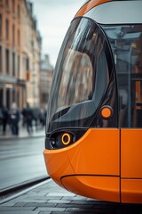 Obraz premium A close-up view of a modern electric bus in a city, showcasing its sleek design and vibrant orange color