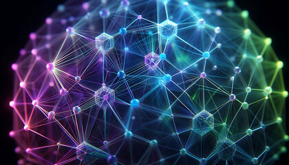 Abstract geometric design featuring a network of illuminated translucent lines forming interconnected shapes. The vibrant hues of blue purple and green create a dynamic glow against a dark background