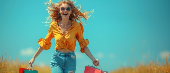 Photo of a woman walking with shopping bags on a green background, an advertising concept, a banner for a social media post or web design, a full-body portrait, full-length.