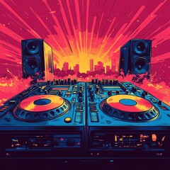 Vibrant DJ setup against a colorful sunset, capturing the energy of nightlife and music culture.