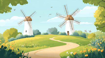 A serene countryside landscape, dotted with quaint windmills spinning lazily in the breeze, a reminder of simpler times intertwined with modern innovation. Windmill. Illustration