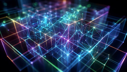 Obraz premium Abstract geometric design featuring a network of illuminated translucent lines forming interconnected shapes. The vibrant hues of blue purple and green create a dynamic glow against a dark background