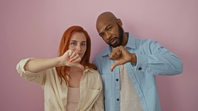 Interracial couple showing thumbs down while standing against an isolated pink background wall