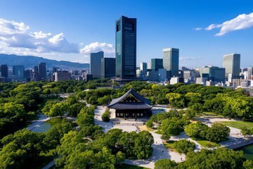 Fototapeta premium Osaka Castle standing tall, nestled among modern skyscrapers, blending history and contemporary architecture in the heart of the city