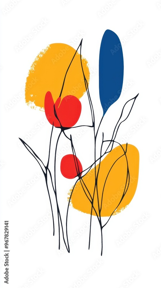 Wall mural Abstract flowers display a blend of vibrant colors, showcasing a minimalist artistic style that emphasizes shapes and lines