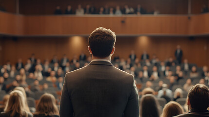 Man giving speech in presentation room Mature businessman doing a presentation at meeting office Intelligent business person showing graph on seminar, Generative AI
