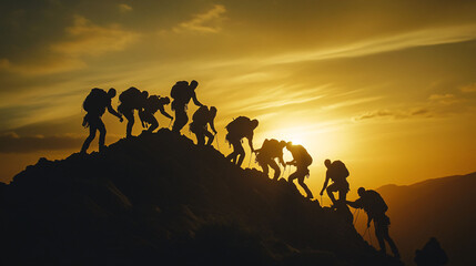 Silhouetted hikers climb a mountain at sunset, illustrating teamwork, adventure, and perseverance in a natural landscape.