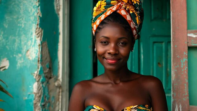 smiling pretty young African woman wearing flora pattern headcover and dress traditional style, cheerful and friendly  