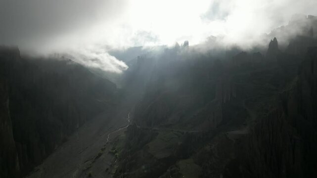 Aerial view of the dramatic and mystical Valle de las Animas with majestic rock formations and clouds, La Paz, Bolivia.