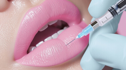 cosmetic lips injections by doctor, in the style of light pink color, photorealistic portraiture.