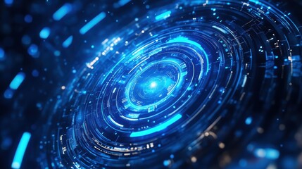 High-tech blue cosmic display with advanced elements and depth of field effect