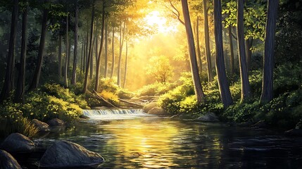 Obraz premium Sunbeams Illuminating a Tranquil Forest Stream