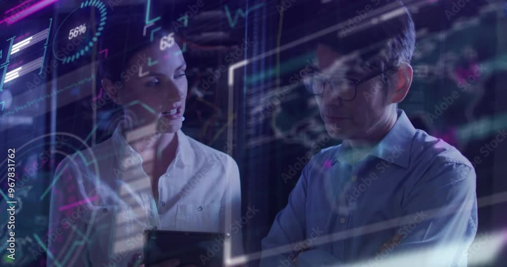 Poster animation of data processing over diverse colleagues using tablet in server room