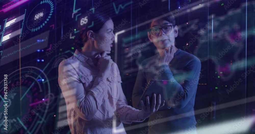 Poster animation of data processing over diverse colleagues using tablet in server room