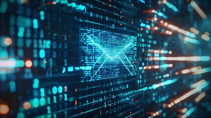 Digital Email Icon Concept with Surrounding Data Streams and Binary Code