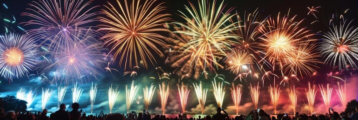 A crowd enjoying a brilliant fireworks display, lighting up the night with vibrant colors, with copy space