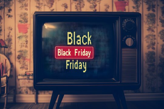 A retro-inspired poster with a vintage TV screen displaying a countdown to Black Friday
