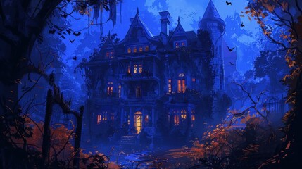 A spooky, old mansion stands tall in a dark and mysterious forest. Bats fly overhead, creating an eerie atmosphere.