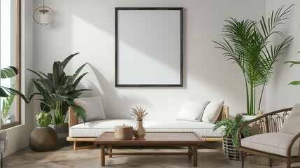 A cozy, modern living room showcases minimalist design with a white sofa, rattan armchair, and wooden coffee table. Lush plants and natural light enhance the inviting atmosphere.