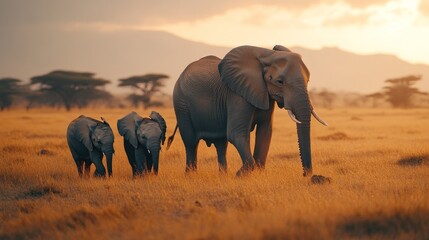 Obraz premium Elephant Family in African Savanna