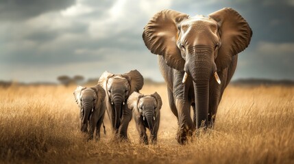 Fototapeta premium Elephant Family Walking Through Grassland