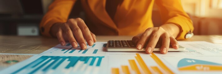 Close-up of a person's hands analyzing financial data and charts.