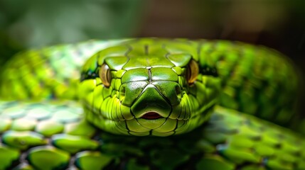 Fototapeta premium A close-up of a green snake with bright yellow eyes, staring directly at the camera. The snake's scales are visible in detail.