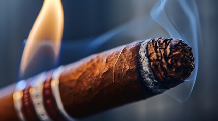 Close-up of a lit cigar with smoke rising, focus on the burning end.