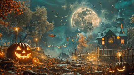 A spooky Halloween scene with a haunted house, pumpkins, and a full moon.
