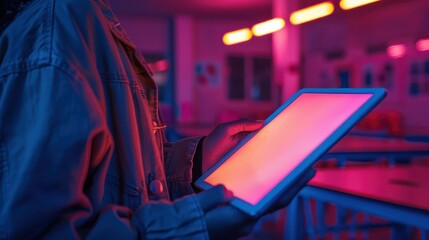 A person interacts with a glowing tablet in a modern, illuminated room, showcasing technology and vibrant colors.
