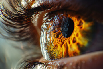 Obraz premium Artistic macro shot of an eye with a golden iris, reflecting the environment, with a deep sense of depth and texture visible in the delicate veins and colors.