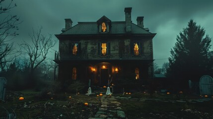 A spooky, old Victorian house with glowing windows stands in the shadows of a dark, stormy night.