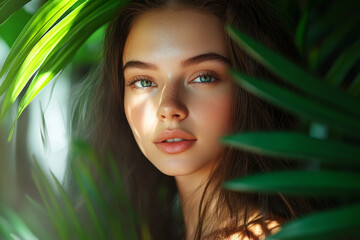 Naklejka premium Beautiful girl, her face softly illuminated, posing gracefully in front of lush green palm leaves, creating a tropical atmosphere.
