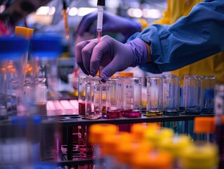 A researcher conducts an experiment in a laboratory, handling test tubes and colorful liquids with precision and care.
