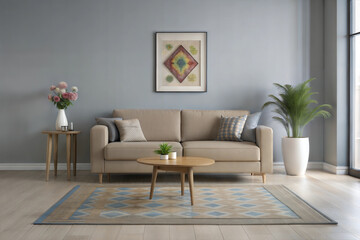 Modern Living Room with Light Grey Walls, Beige Sofa, and Floral Accents and Framed Art