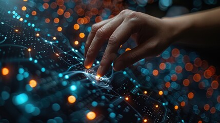 Hand touching an abstract digital network connection line and data transfer concept with a blue background. High-quality photo, professional photography, Lightroom gallery, Behance, Unsplash, and Unsp