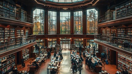 A stunning library interior filled with books, sunlight streaming through large windows, and people studying in a tranquil atmosphere.