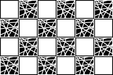 A seamless abstract geometric pattern in black and white, featuring alternating squares with minimalist line designs. Perfect for contemporary decor, textiles, wallpapers, or digital art